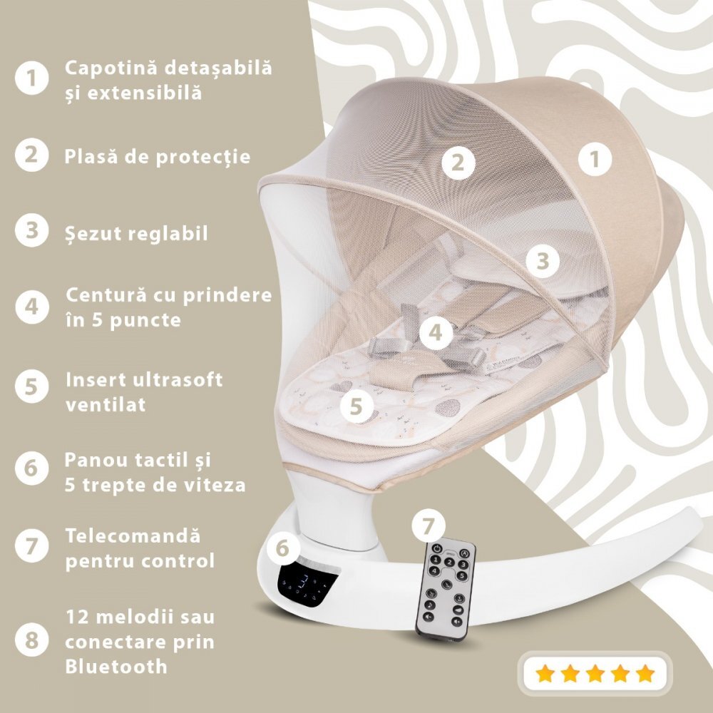 APPEKIDS Leagan electric pentru bebelusi cu spatar reglabil si senzor de miscare Evoque Bubble Beige