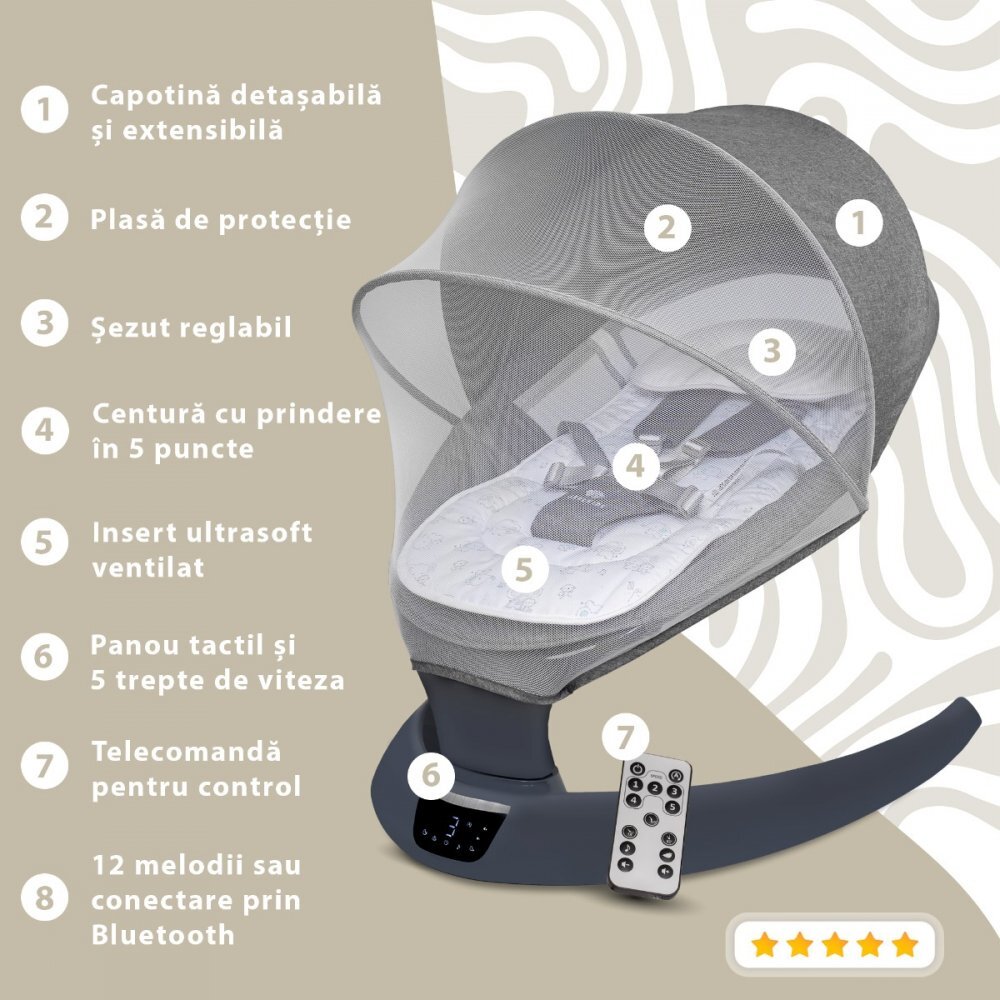 APPEKIDS Leagan electric pentru bebelusi cu spatar reglabil si senzor de miscare Evoque Powder Grey