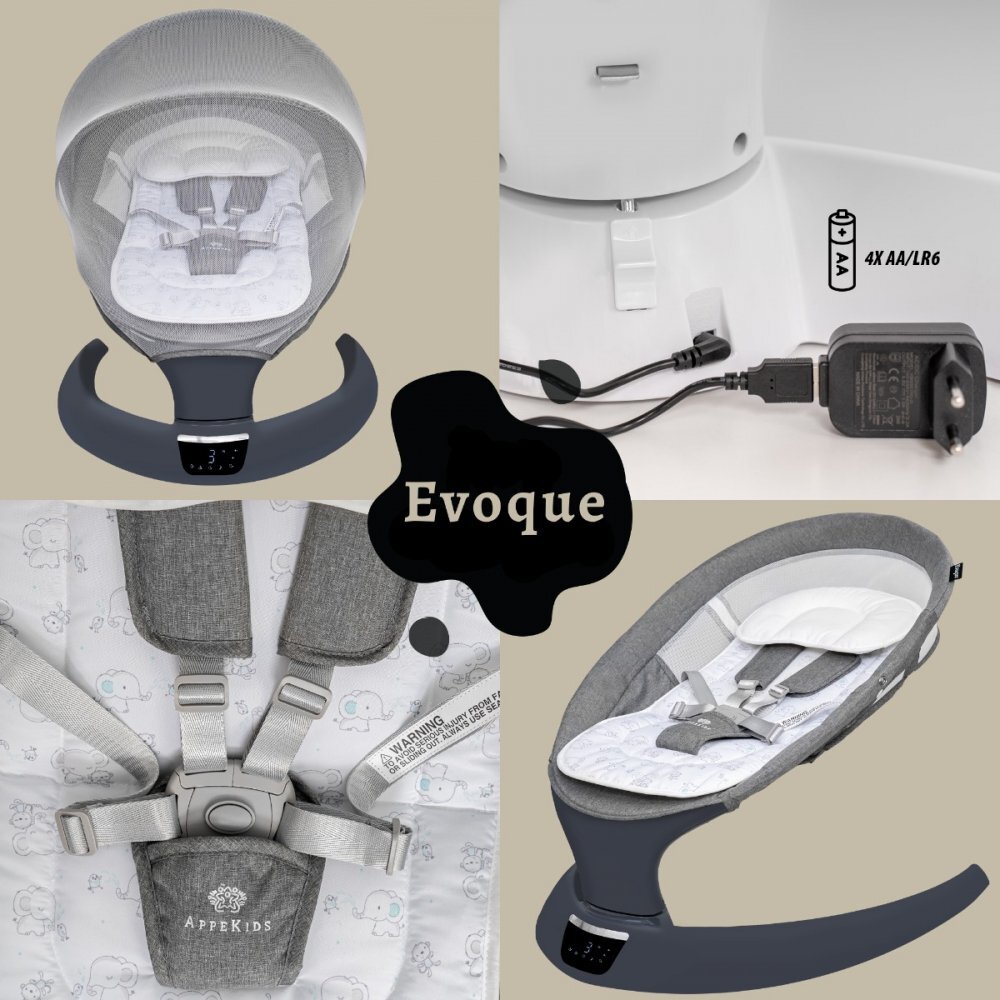 APPEKIDS Leagan electric pentru bebelusi cu spatar reglabil si senzor de miscare Evoque Powder Grey