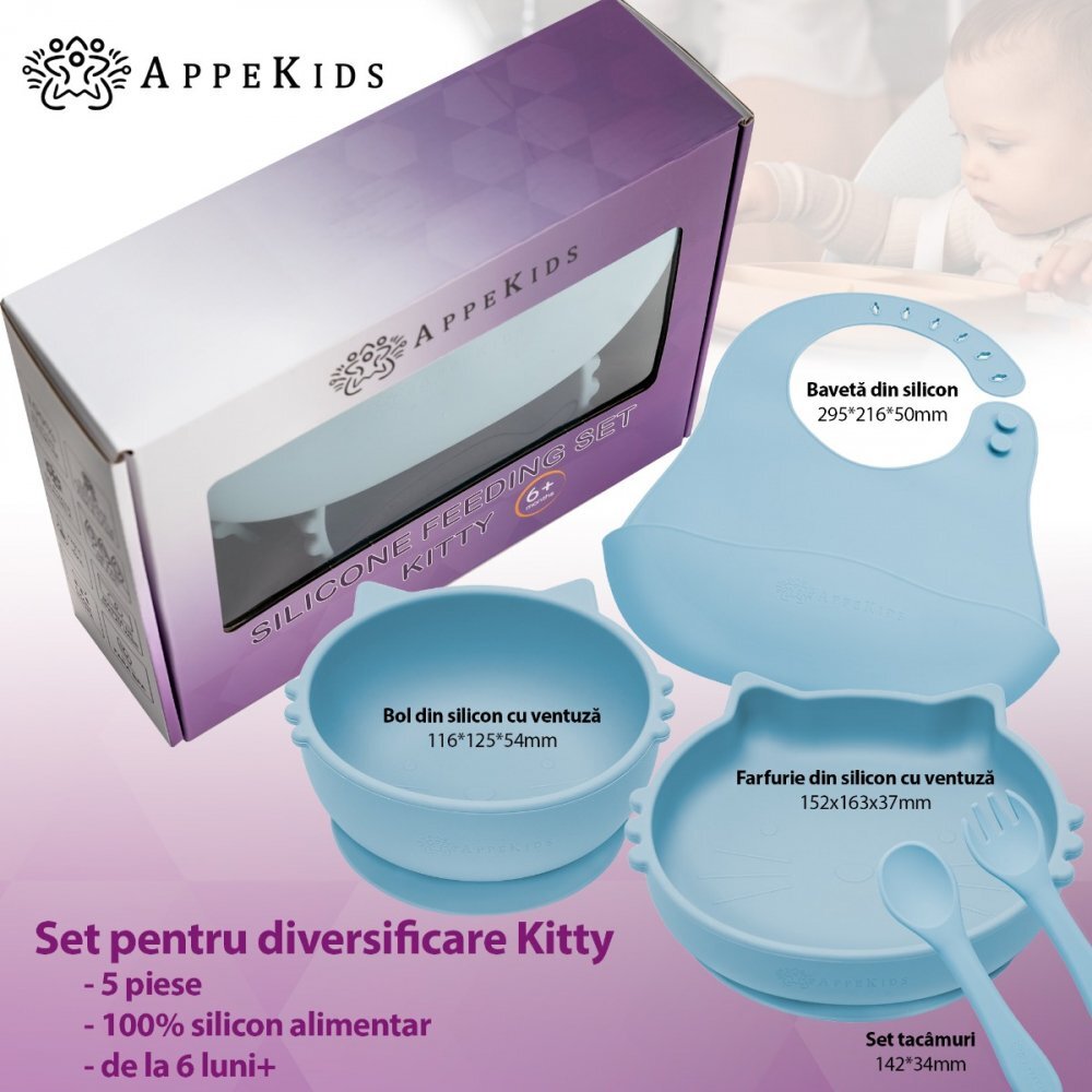 APPEKIDS Set diversificare din silicon 5 piese Kitty Aqua Blue
