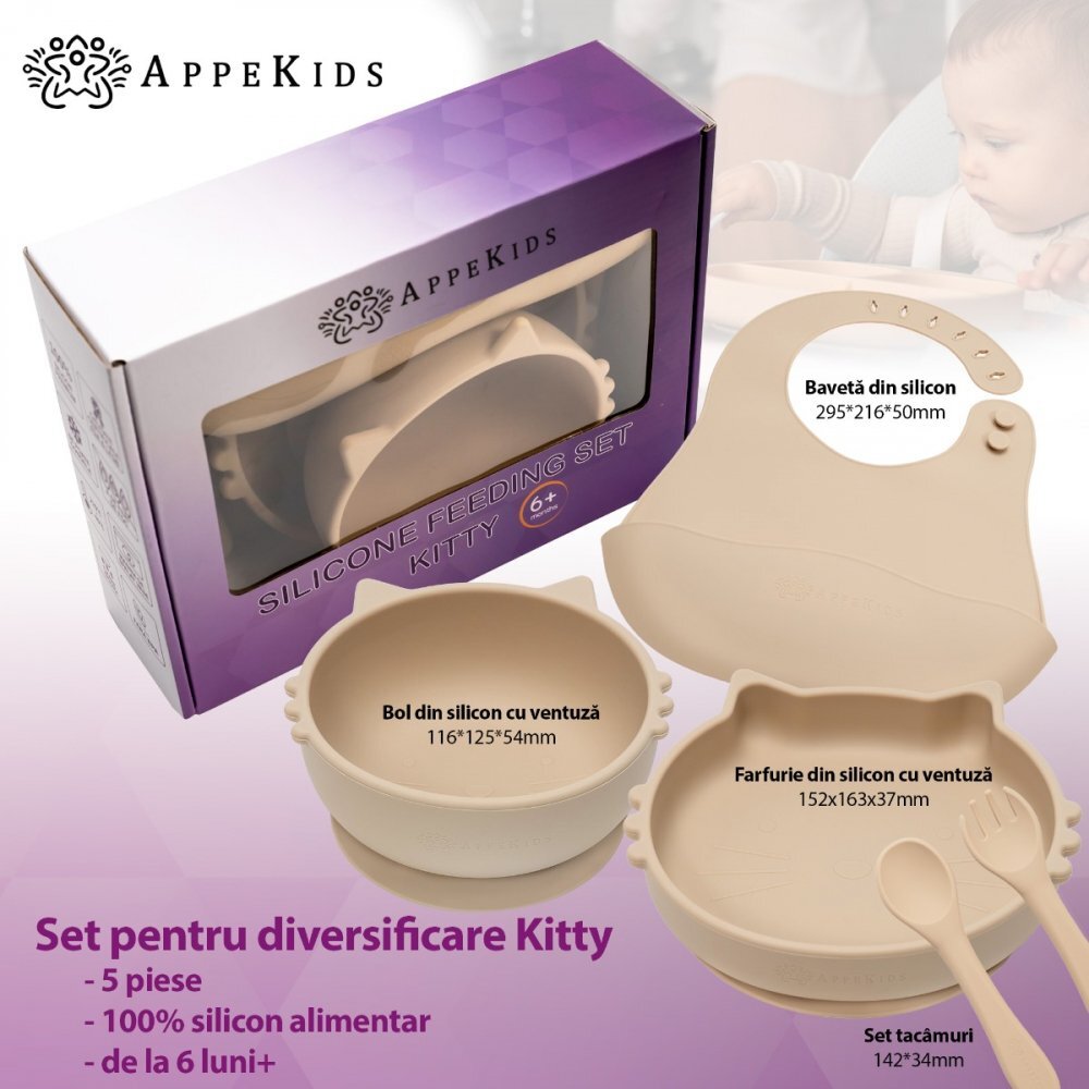 APPEKIDS Set diversificare din silicon 5 piese Kitty Bubble Beige