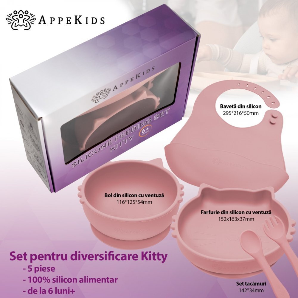 APPEKIDS Set diversificare din silicon 5 piese Kitty Old Rose