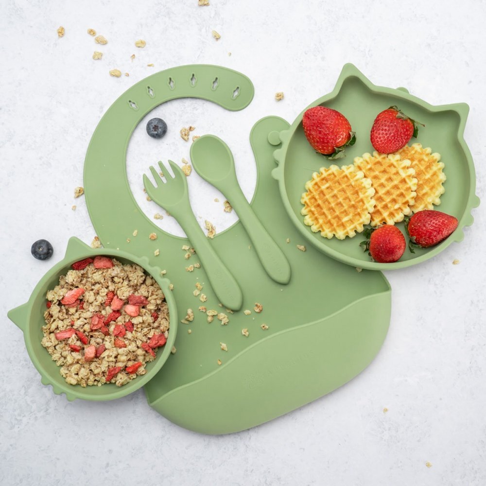APPEKIDS Set diversificare din silicon 5 piese Kitty Raw Green