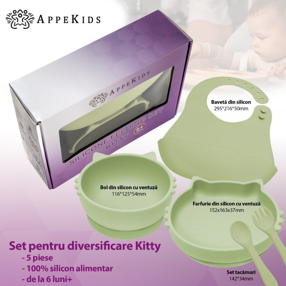APPEKIDS Set diversificare din silicon 5 piese Kitty Raw Green