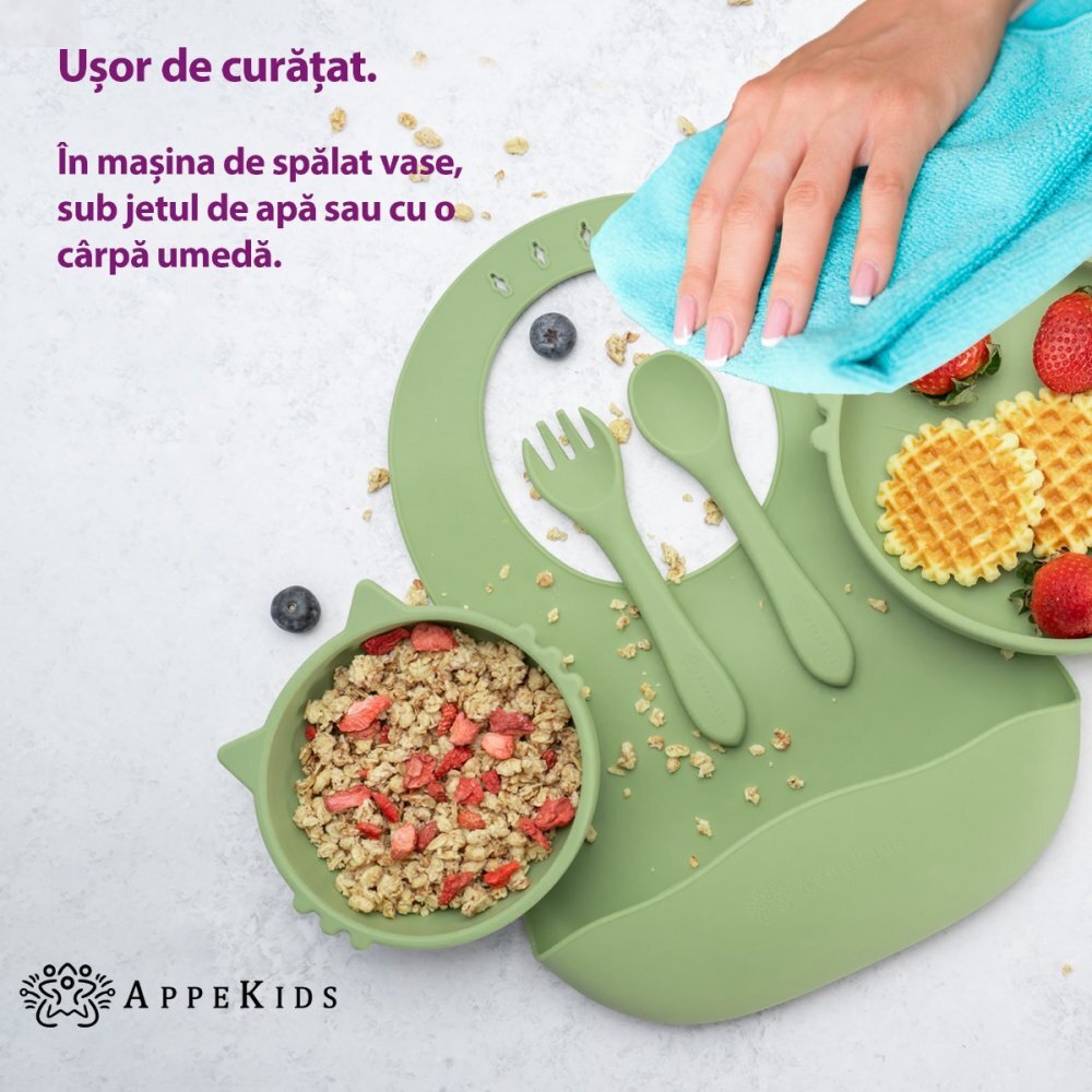 APPEKIDS Set diversificare din silicon 5 piese Kitty Raw Green