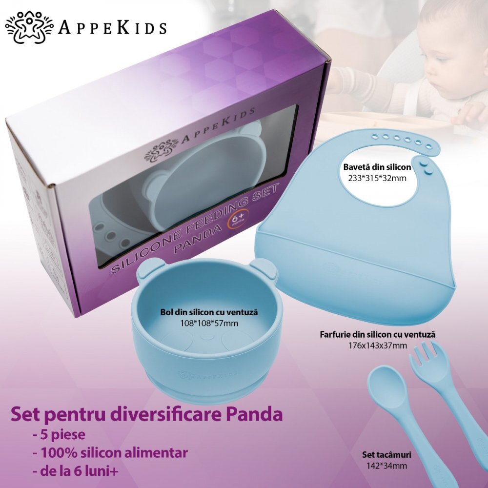 APPEKIDS Set diversificare din silicon 5 piese Panda Aqua Blue