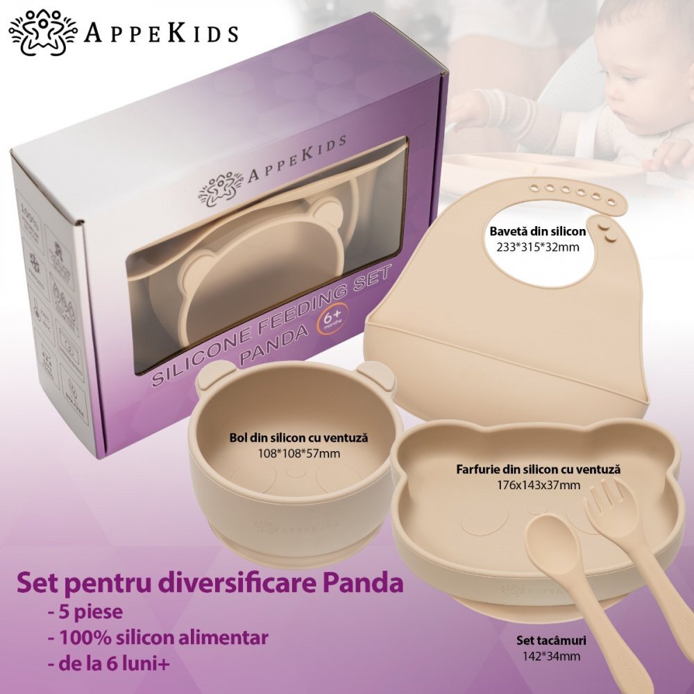 APPEKIDS Set diversificare din silicon 5 piese Panda Bubble Beige