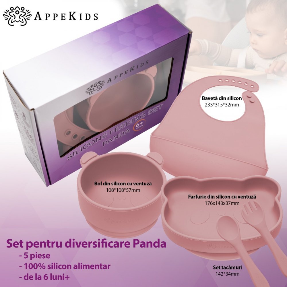 APPEKIDS Set diversificare din silicon 5 piese Panda Old Rose