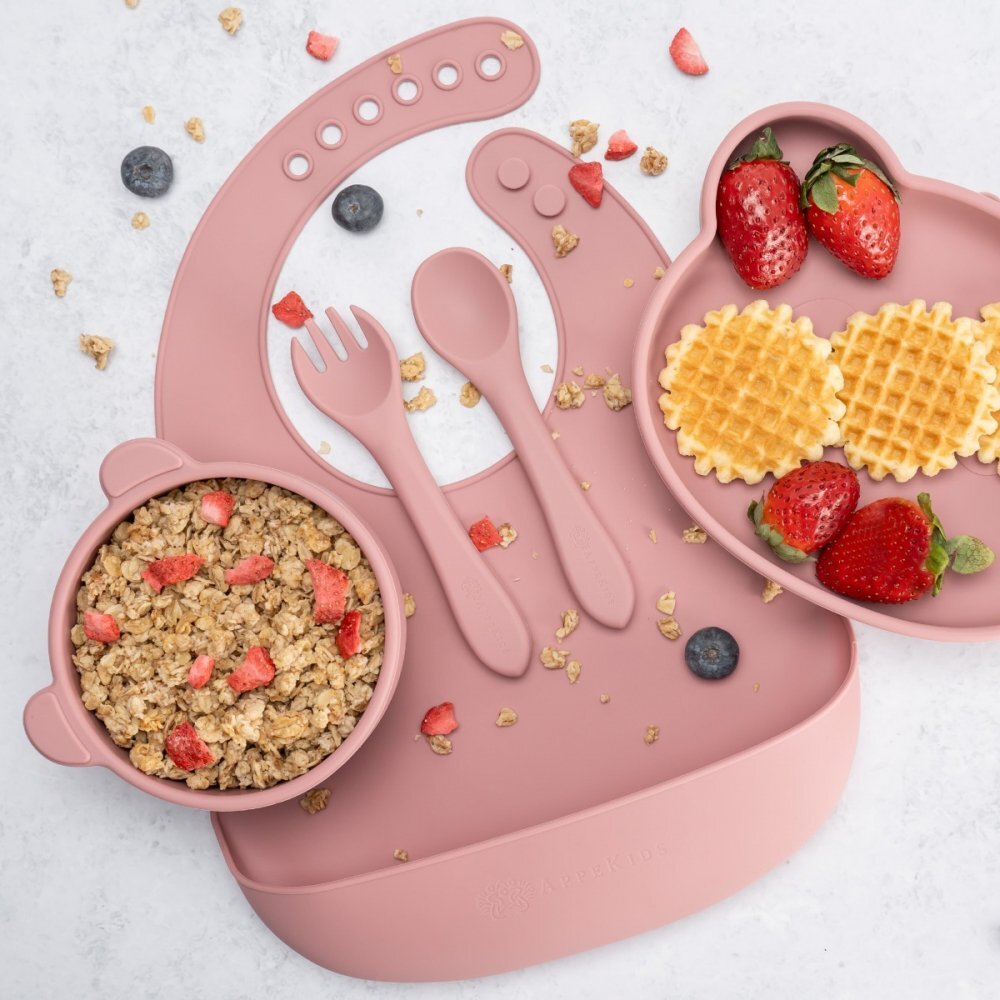 APPEKIDS Set diversificare din silicon 5 piese Panda Old Rose