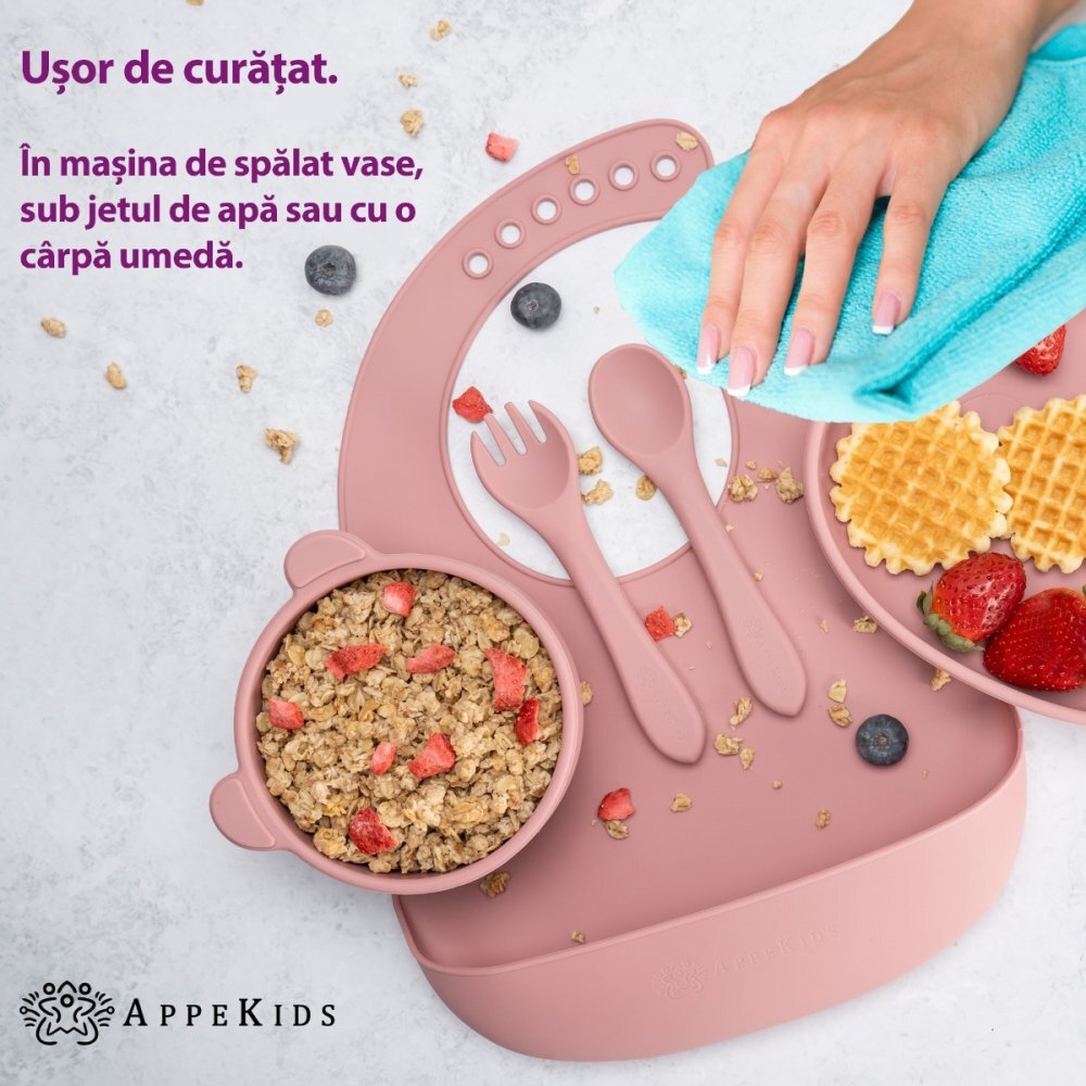 APPEKIDS Set diversificare din silicon 5 piese Panda Old Rose