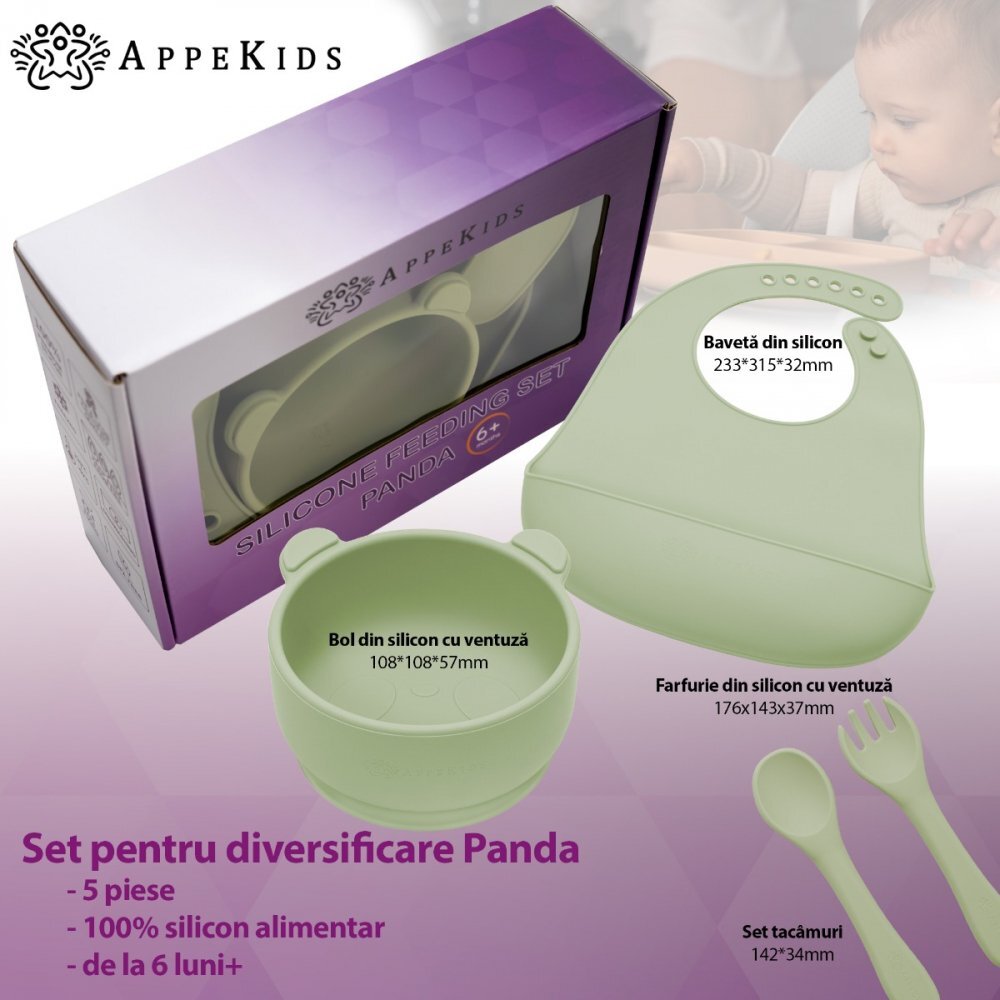 APPEKIDS Set diversificare din silicon 5 piese Panda Raw Green