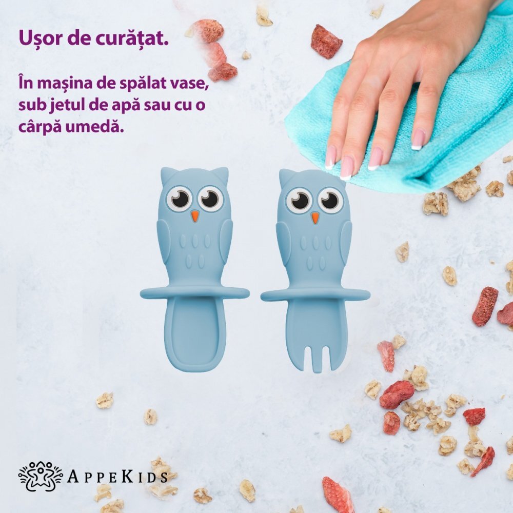APPEKIDS Set tacamuri din silicon Owl Aqua Blue
