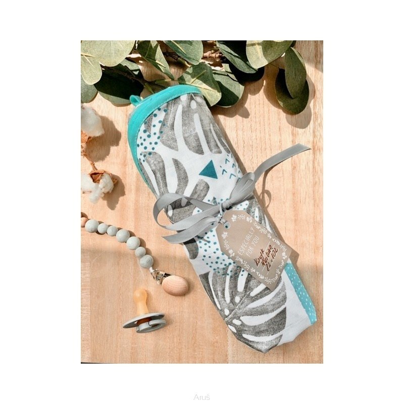 Arus Muselina cu doua fete din bumbac 75x75 cm Leaves Turquoise