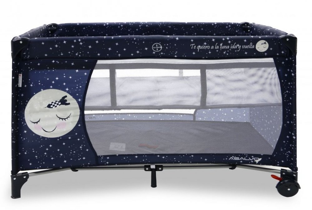 Asalvo Patut pentru copii Smooth Moon cu 2 nivele pliere compacta roti cu frana baza captusita impermeabila 77x65x125 cm