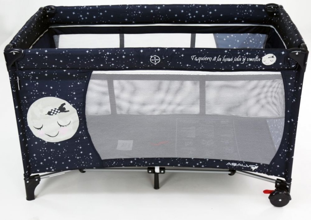 Asalvo Patut pentru copii Smooth Moon cu 2 nivele pliere compacta roti cu frana baza captusita impermeabila 77x65x125 cm