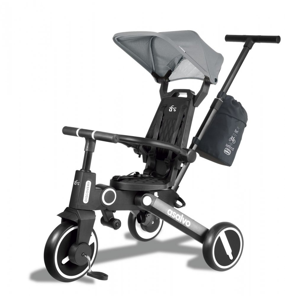 Asalvo Tricicleta pliabila Discovery gri scaun rotativ 360 grade pliere compacta bara de impins centura de siguranta cadru de aluminiu si parasolar reglabil