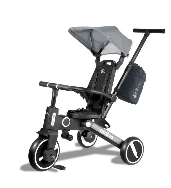Asalvo Tricicleta pliabila Discovery gri scaun rotativ 360 grade pliere compacta bara de impins centura de siguranta cadru de aluminiu si parasolar reglabil