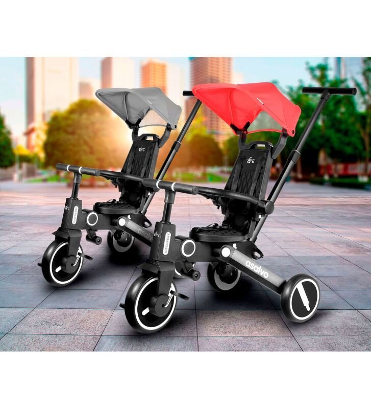 Asalvo Tricicleta pliabila Discovery roz scaun rotativ 360 grade pliere compacta bara de impins centura de siguranta cadru de aluminiu si parasolar reglabil