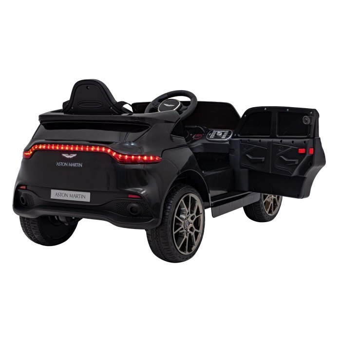 Aston Martin Masinuta electrica pentru copii DBX negru 100W cu telecomanda suspensii lumini panou audio scaun piele si roti din spuma Eva