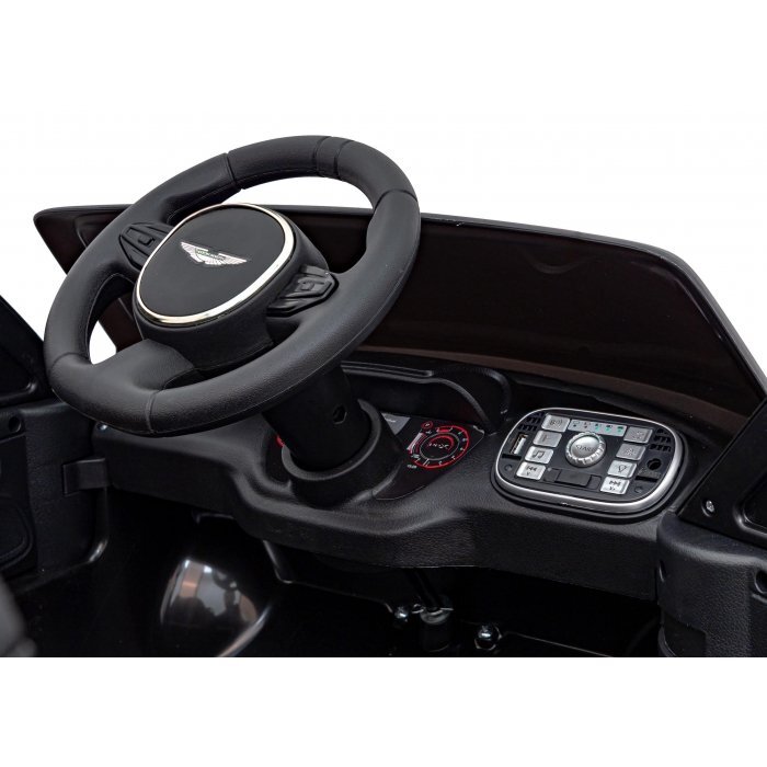 Aston Martin Masinuta electrica pentru copii DBX negru 100W cu telecomanda suspensii lumini panou audio scaun piele si roti din spuma Eva