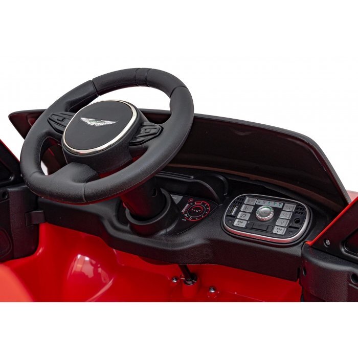 Aston Martin Masinuta electrica pentru copii DBX rosu 100W cu telecomanda suspensii lumini panou audio scaun piele si roti din spuma Eva