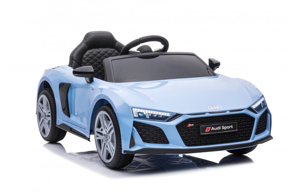 Audi Masinuta electrica copii R8 Blue-Grey cu licentaacumulator 12V 78Wscaun din piele si roti EVA bluetooth display usi cu deschidere muzicaUSB lumini LED oglinzi retrovizoare pornire la butonsarcina maxima 30 kg