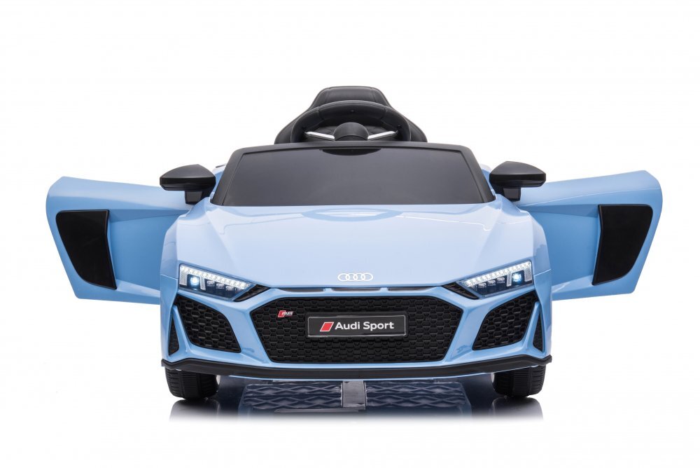 Audi Masinuta electrica copii R8 Blue-Grey cu licentaacumulator 12V 78Wscaun din piele si roti EVA bluetooth display usi cu deschidere muzicaUSB lumini LED oglinzi retrovizoare pornire la butonsarcina maxima 30 kg