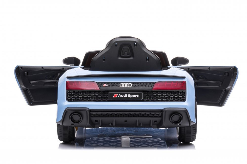 Audi Masinuta electrica copii R8 Blue-Grey cu licentaacumulator 12V 78Wscaun din piele si roti EVA bluetooth display usi cu deschidere muzicaUSB lumini LED oglinzi retrovizoare pornire la butonsarcina maxima 30 kg