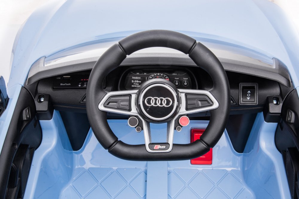 Audi Masinuta electrica copii R8 Blue-Grey cu licentaacumulator 12V 78Wscaun din piele si roti EVA bluetooth display usi cu deschidere muzicaUSB lumini LED oglinzi retrovizoare pornire la butonsarcina maxima 30 kg