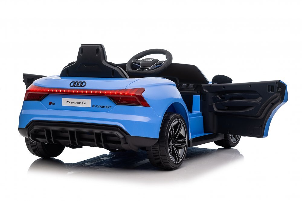 Audi Masinuta electrica pentru copii cu licenta RS E-Tron GT BlueTelecomandaRoti EVAAcumulator 12V 45AhIncarcator inclusCentura de sigurantaLumini LEDSlow StartIndicator baterieUsi cu deschidereSistem troller