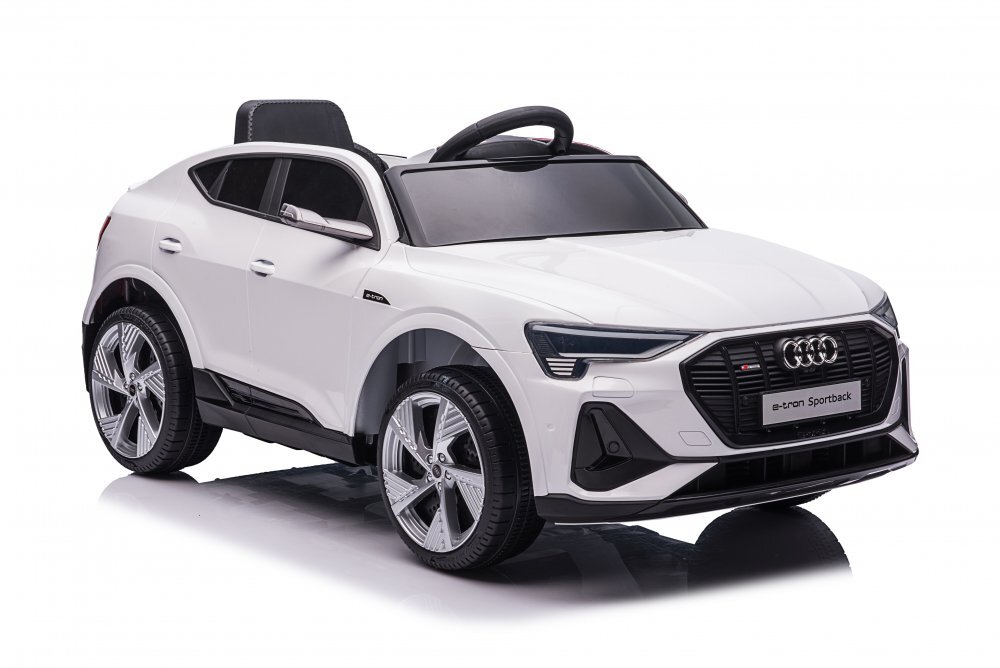Audi Masinuta electrica pentru copii E-Tron SportBack White cu licentaroti evascaun pieleacumulator 12Vsuspensiisistem trollerusi cu deschidereslow startlumini LEDmp3usboglinzi retrovizoaresarcina maxima 30 kg
