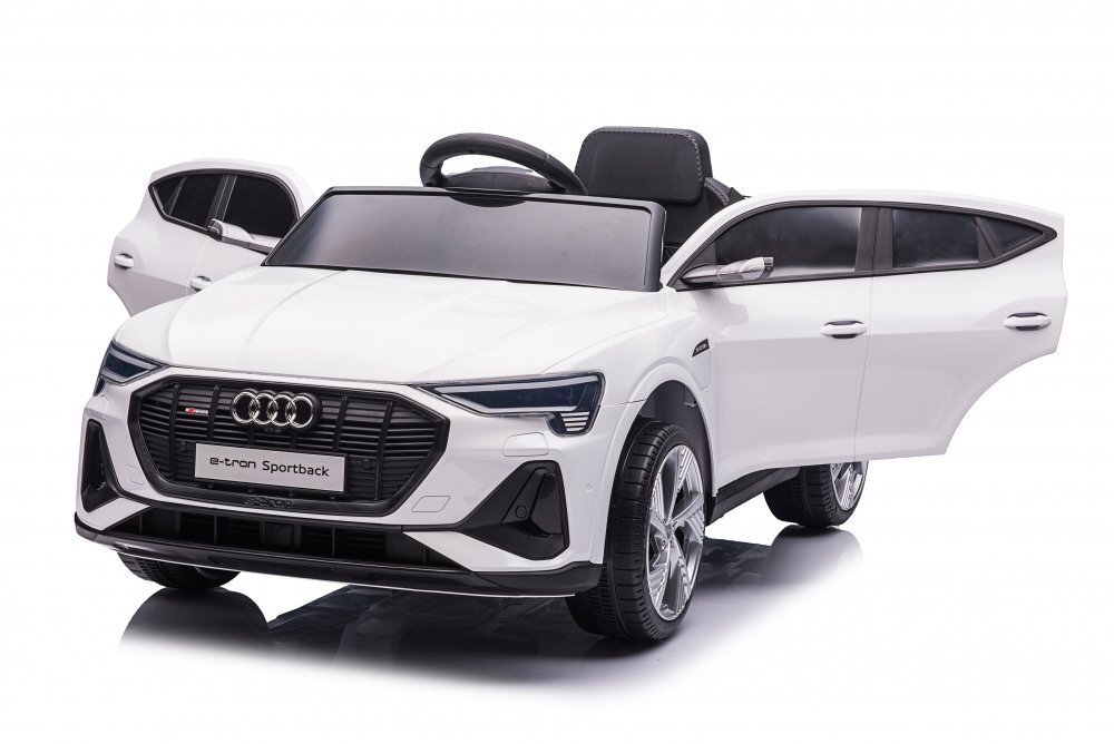 Audi Masinuta electrica pentru copii E-Tron SportBack White cu licentaroti evascaun pieleacumulator 12Vsuspensiisistem trollerusi cu deschidereslow startlumini LEDmp3usboglinzi retrovizoaresarcina maxima 30 kg