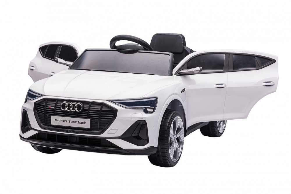Audi Masinuta electrica pentru copii E-Tron SportBack White cu licentaroti evascaun pieleacumulator 12Vsuspensiisistem trollerusi cu deschidereslow startlumini LEDmp3usboglinzi retrovizoaresarcina maxima 30 kg