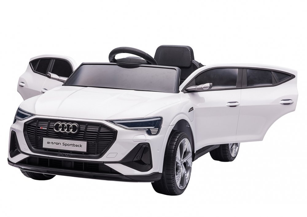 Audi Masinuta electrica pentru copii E-Tron SportBack White cu licentaroti evascaun pieleacumulator 12Vsuspensiisistem trollerusi cu deschidereslow startlumini LEDmp3usboglinzi retrovizoaresarcina maxima 30 kg