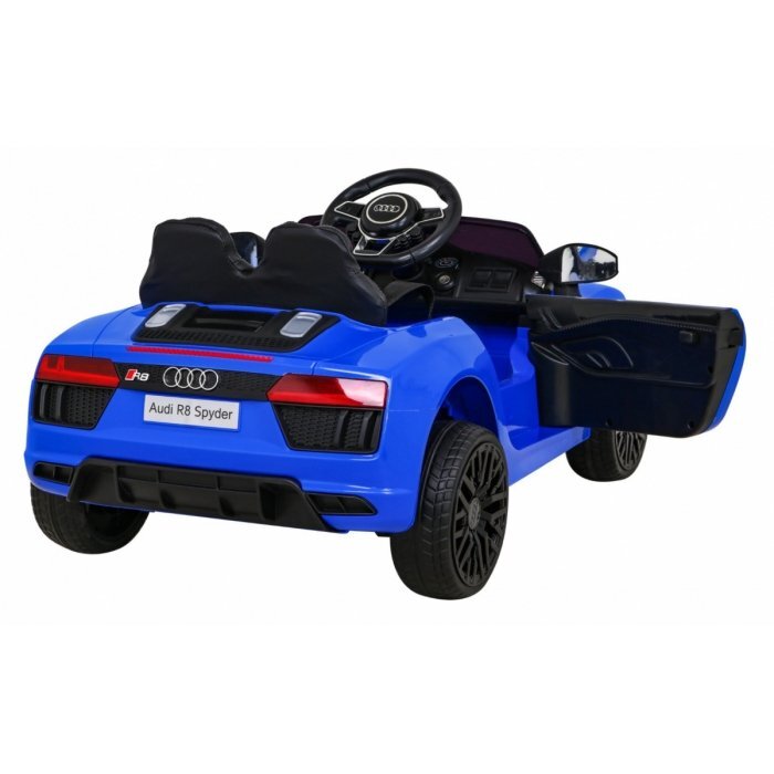 Audi Masinuta electrica pentru copii R8 albastru 70W cu telecomanda lumini suspensii scaun piele si roti din spuma Eva
