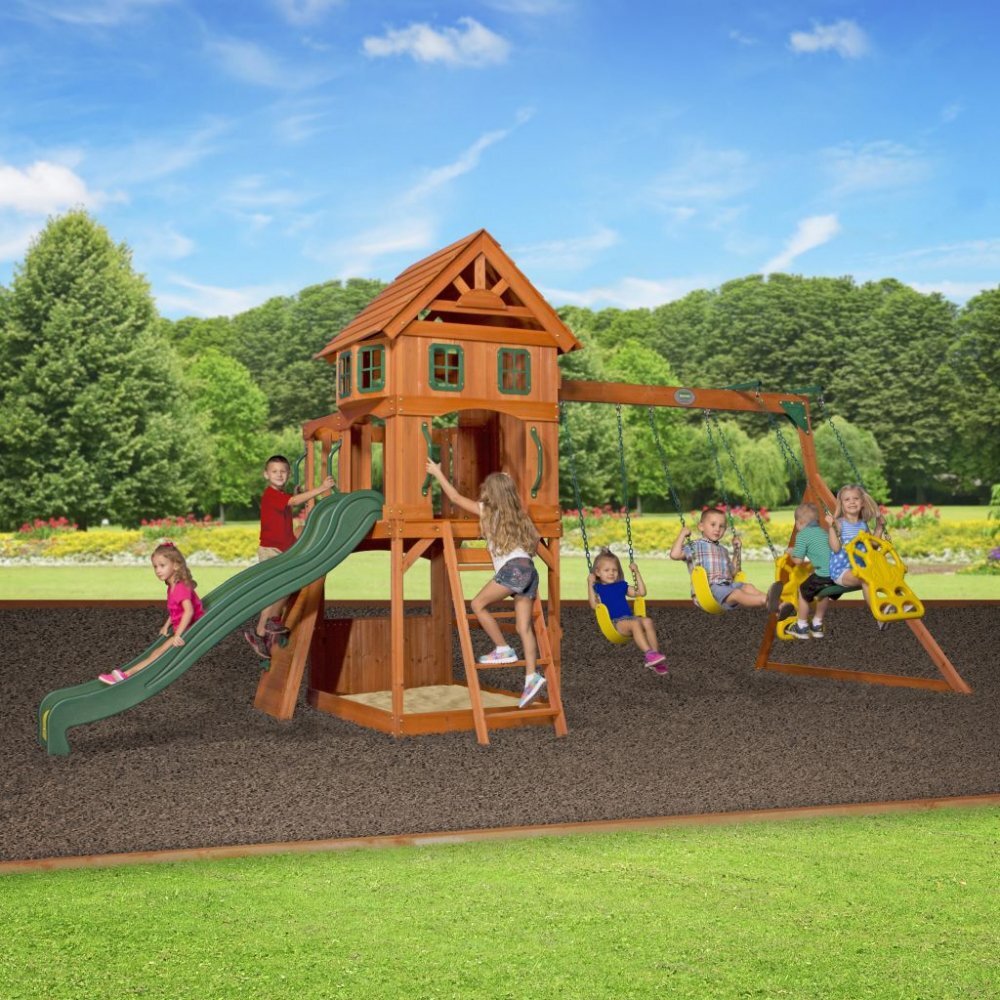 AXI Casuta din lemn cu trei leagane Atlantic Play 551 x 235 cm