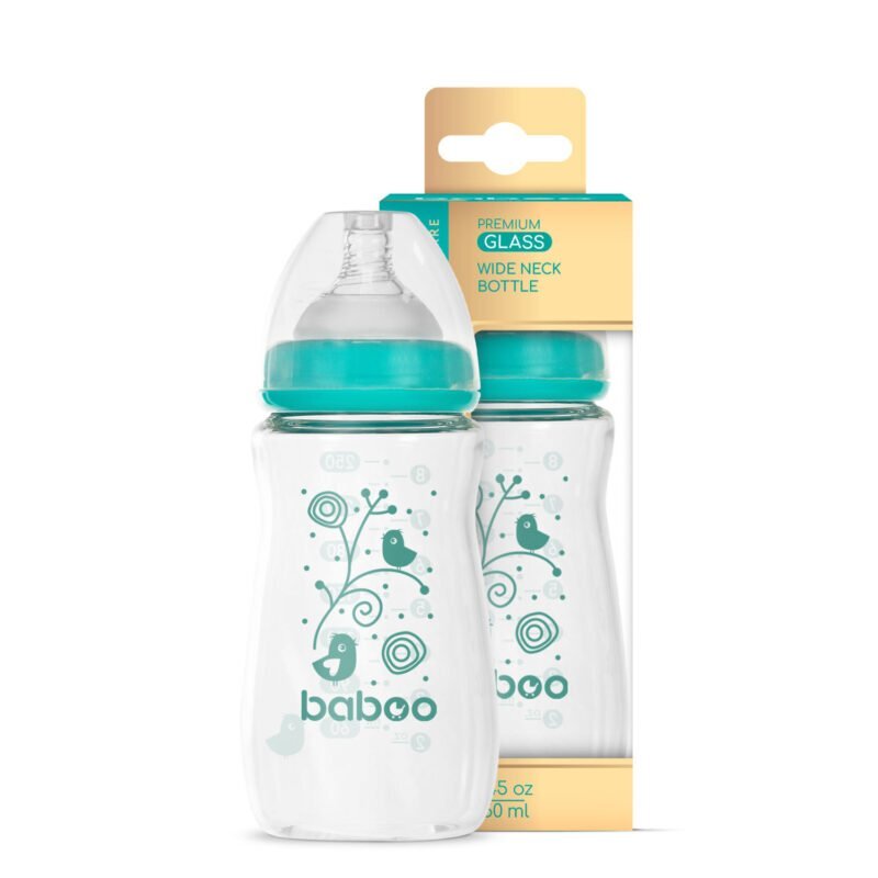 BABOO Biberon din sticla anticolici cu gat larg 250 ml 3 luni+
