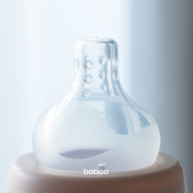 BABOO Set 2 tetine din silicon Premium tehnologie anticolici cu 3 valve gat larg debit rapid 6 luni+