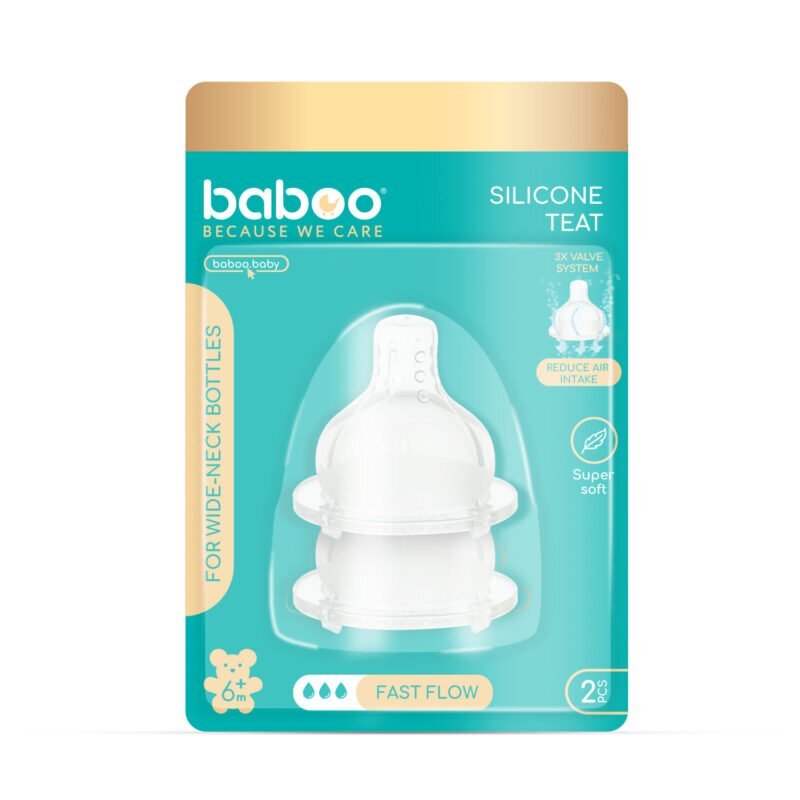 BABOO Set 2 tetine din silicon Premium tehnologie anticolici cu 3 valve gat larg debit rapid 6 luni+