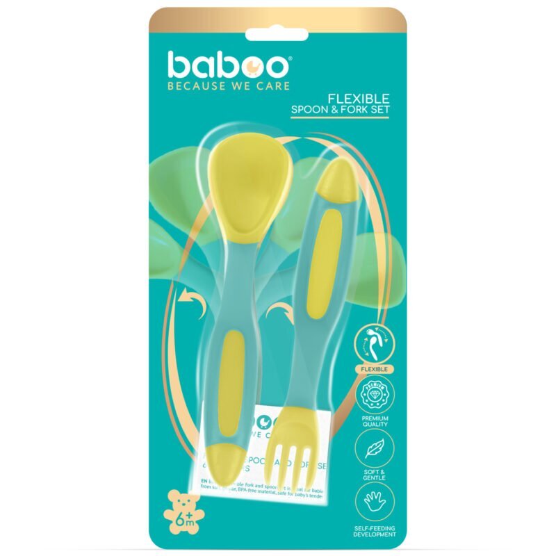 BABOO Set lingurita si furculita flexibile Galben Verde 6 luni+
