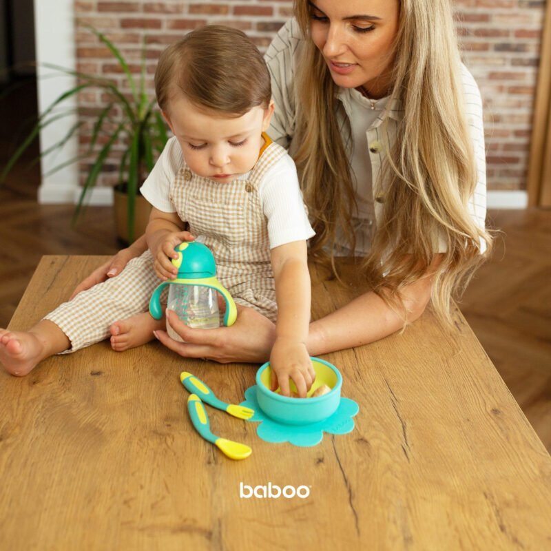 BABOO Set lingurita si furculita flexibile Galben Verde 6 luni+