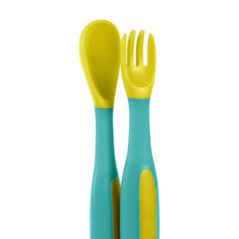 BABOO Set lingurita si furculita flexibile Galben Verde 6 luni+
