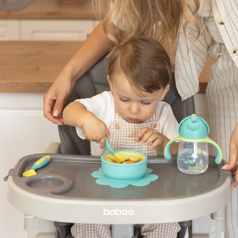 BABOO Set lingurita si furculita flexibile Galben Verde 6 luni+