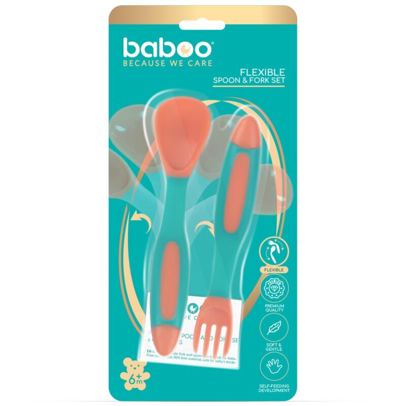 BABOO Set lingurita si furculita flexibile Portocaliu Verde 6 luni+