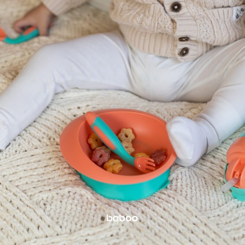 BABOO Set lingurita si furculita flexibile Portocaliu Verde 6 luni+
