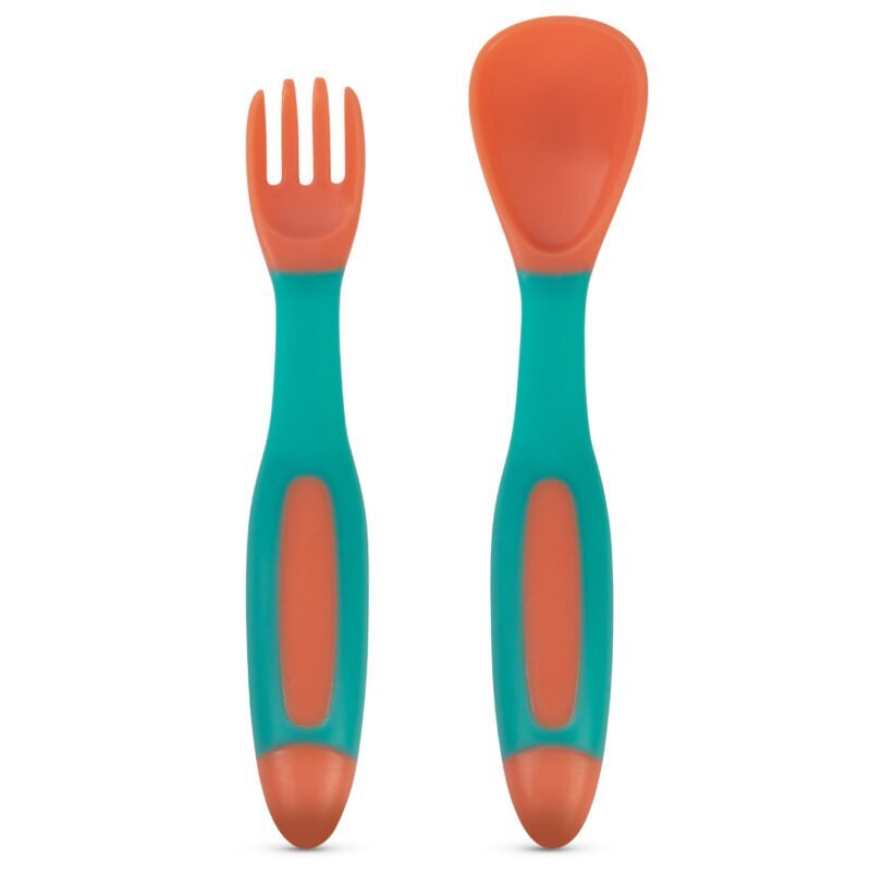 BABOO Set lingurita si furculita flexibile Portocaliu Verde 6 luni+