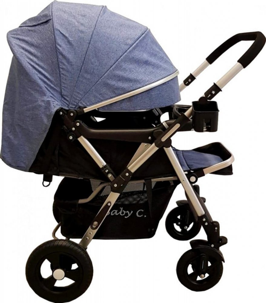 Baby Care Carucior pentru copii PRO 511 Albastru Jeans Cadru aluminiu Maner reversibil Spatar reglabil in 5 trepte Amortizoare Frana picior Pliabil