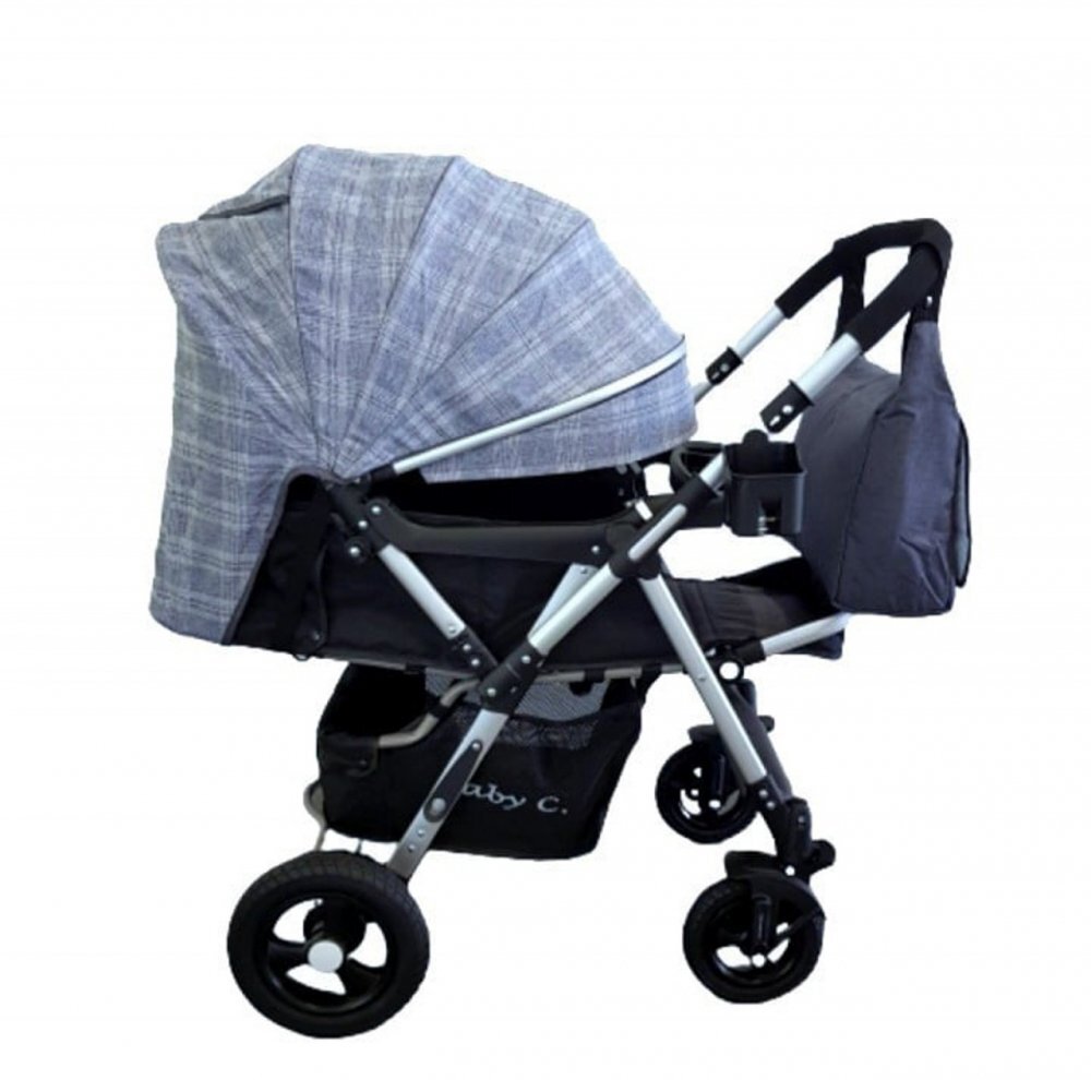 Baby Care Carucior pentru copii PRO 511 Gri Jeans Carouri Cu geanta bebe inclusa Cadru aluminiu Maner reversibil Spatar reglabil in 5 trepte Amortizoare Plasa insecte Frana picior Pliabil