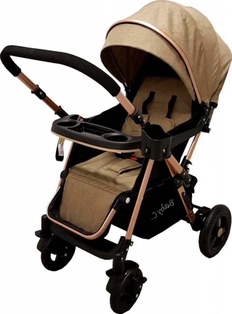 Baby Care Carucior pentru copii PRO 511 Maro Cadru aluminiu Maner reversibil Spatar reglabil in 5 trepte Amortizoare Frana picior Pliabil