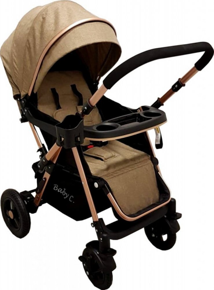 Baby Care Carucior pentru copii PRO 511 Maro Cadru aluminiu Maner reversibil Spatar reglabil in 5 trepte Amortizoare Frana picior Pliabil
